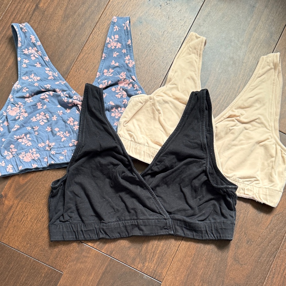 Motherhood: 3 Lounge Nursing Bras - Floral Blue, Black, & Beige